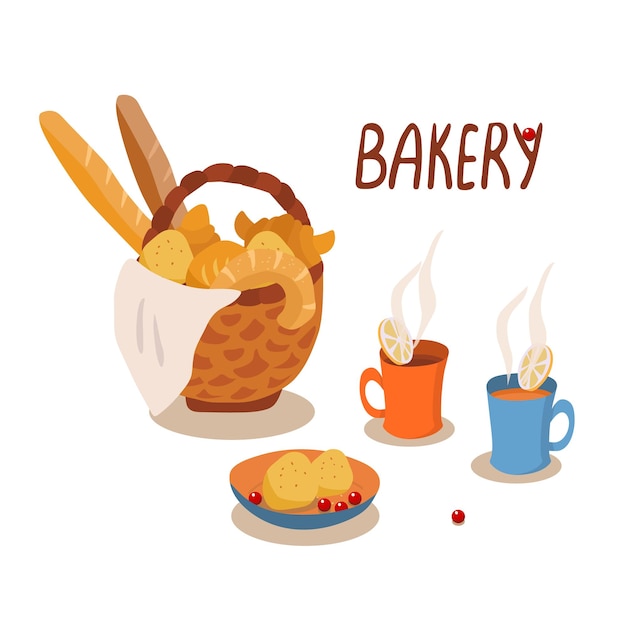 Bakery products illustration with wicker basket full of fresh bread and mugs of tea