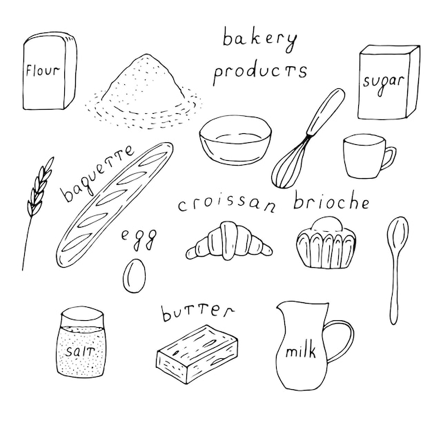 Bakery products set vector illustration doodles