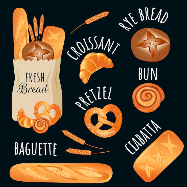 Vettore modello di prodotti da forno. tipi di pane - serie di illustrazioni vettoriali. grano intero, grano, segale, baguette, croissant, panino, bagel e orecchie. icone per la panetteria.