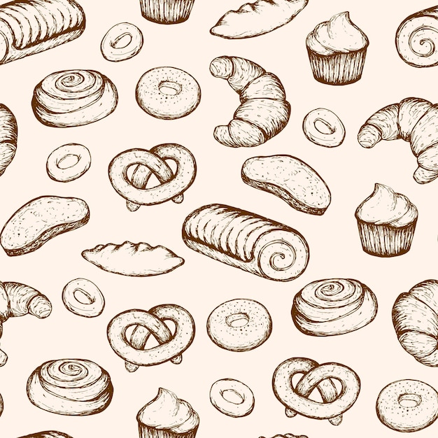 Bakery products Vector Seamless pattern Baked goods sketch