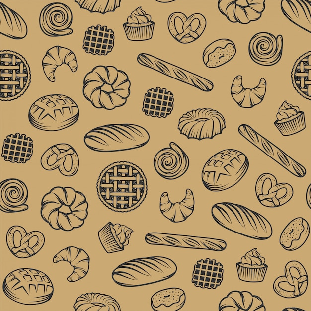 Bakery seamless pattern with engraved elements