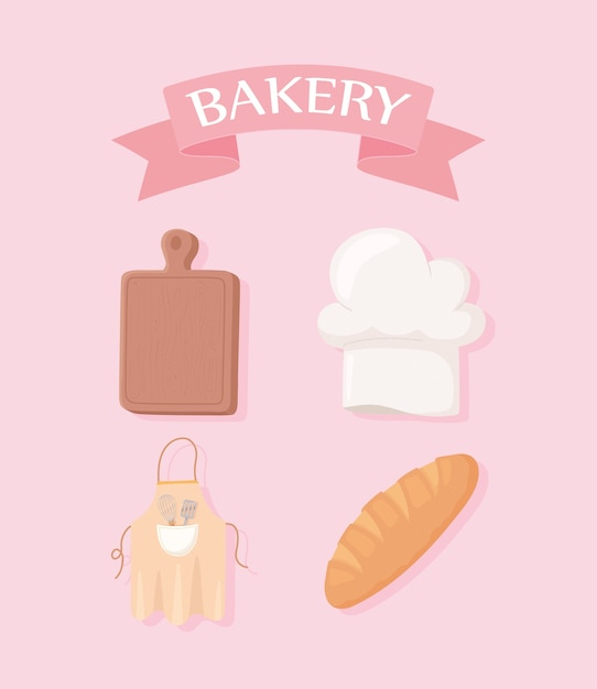 Bakery  set cutting board hat bread and apron  illustration