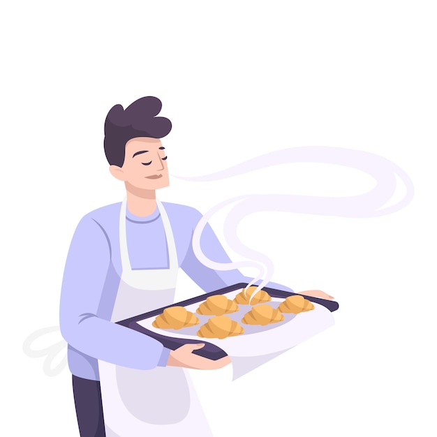 Bakery set flat composition with male character holding tray with freshly baked croissants