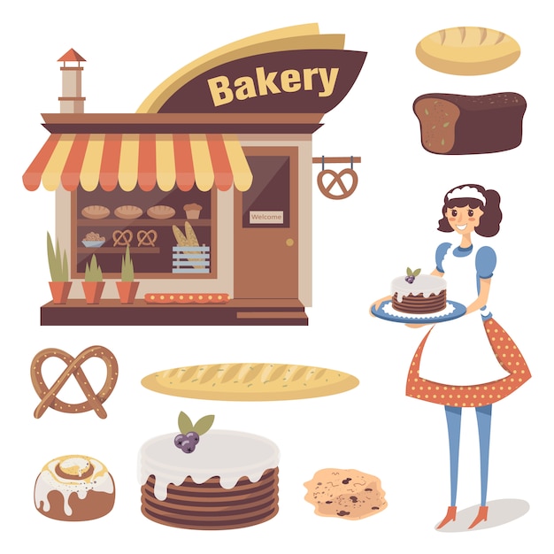 벡터 빵집은 과자 가게 건물, 구운 식품, 소녀 베이커 또는 웨이트리스 캐릭터로 설정됩니다. 플랫 음식 만화. 흰색에 격리.
