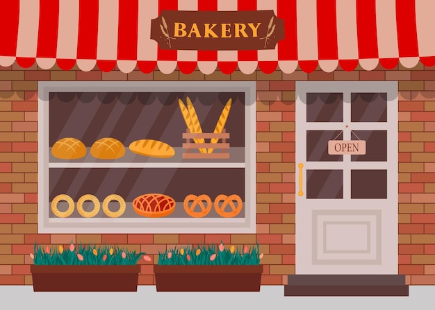 Vector bakery shop bakery facade in flat style showcase with fresh bread loaf baguette pretzel pie