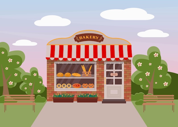 Vector bakery shop bakery facade in flat style showcase with fresh bread loaf baguette pretzel and pie