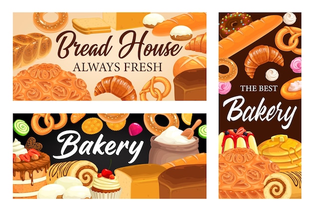 Bakery shop bread house cartoon vector banners