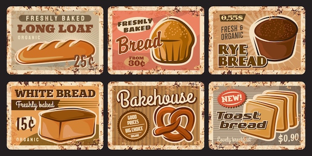 Bakery shop and bread rusty plates of food vector design. Wheat and rye bread loaves, baguette, toast, pretzel, cereal flour bun and long loaf bread vintage tin plates of baker shop, bakehouse design