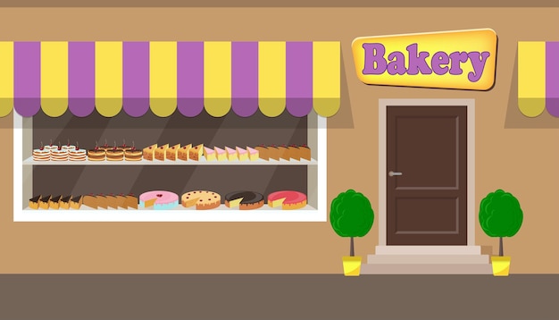 Facciata dell'edificio del negozio di panetteria con cartello diverse torte e torte sugli scaffali dietro il vetro della finestra illustrazione vettoriale della facciata del forno in stile piatto