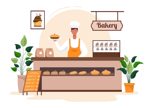 Vector bakery shop building that sells various types of bread such as white bread pastry and others all baked in flat background for poster illustration