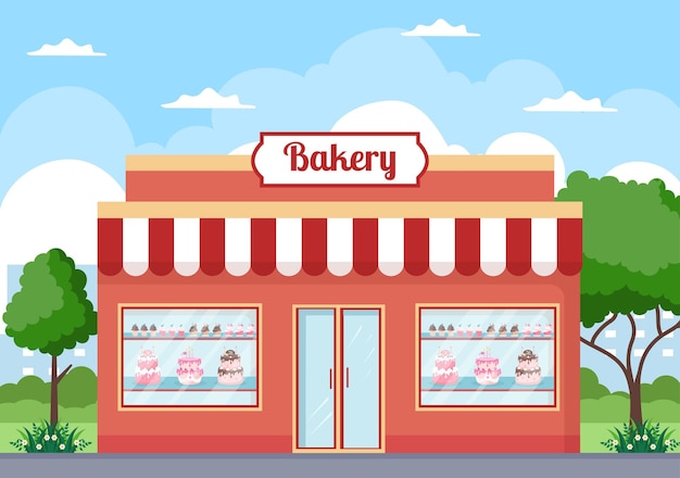 Bakery shop building that sells various types of bread such as white bread pastry and others all baked in flat background for poster illustration