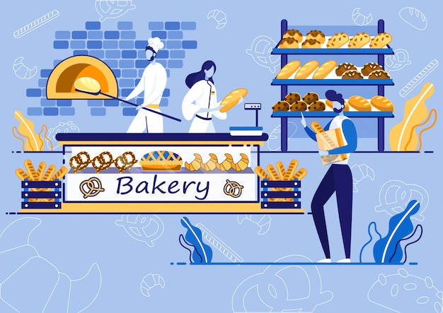 Vector bakery shop, chef baking bread, customer buying