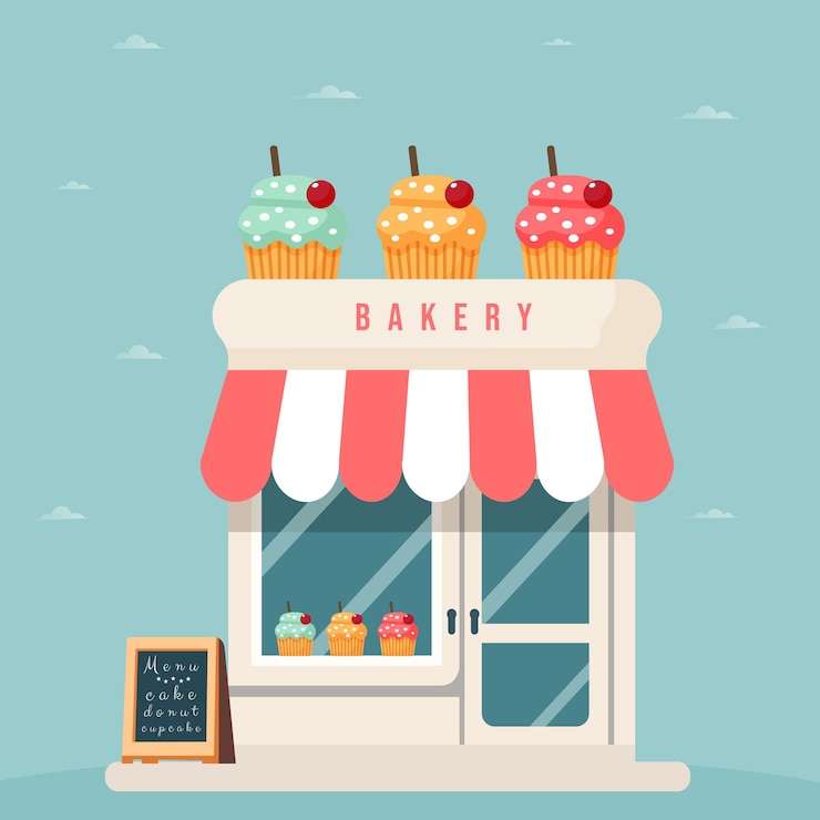 Vector カップケーキとフラットスタイルのベーカリーショップ 孤立したベクトルイラスト