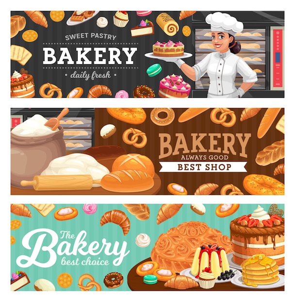 Vector bakery shop food and baker in toque carton vector