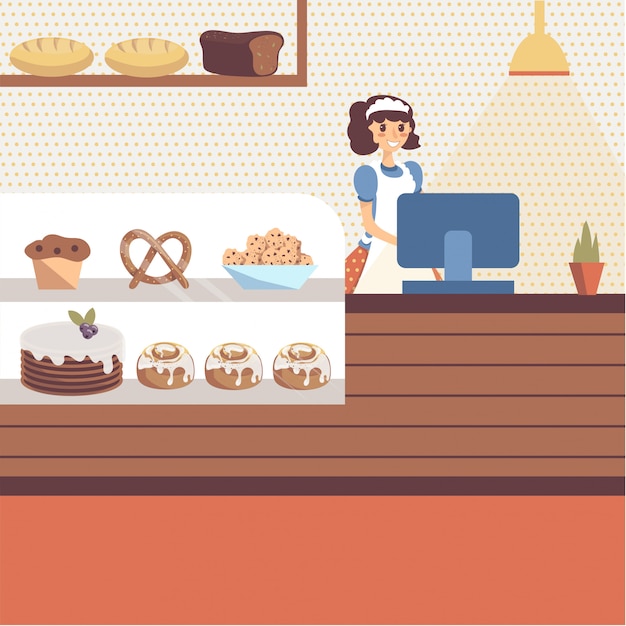 Bakery shop interior with glass showcase full of pastries and bread. girl baker character in apron standing behind the counter. flat cartoon  .