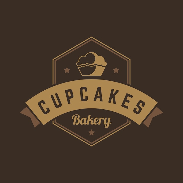 Bakery shop logo template vector object for logotype or badge design trendy retro style illustration cupcake silhouette