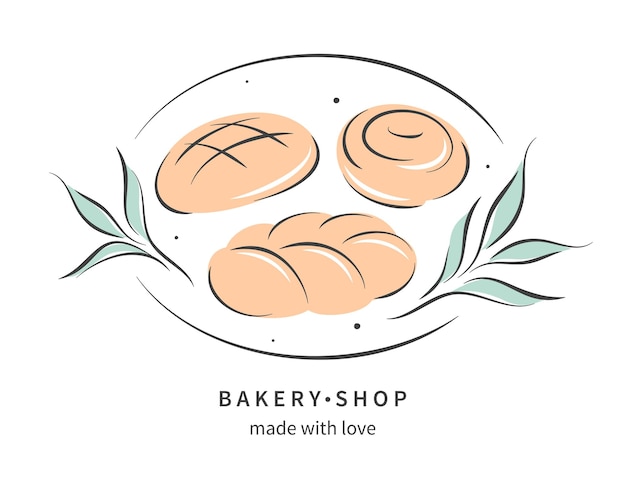 Логотип пекарни с нарисованными вручную хлебобулочными изделиями и хлебом.