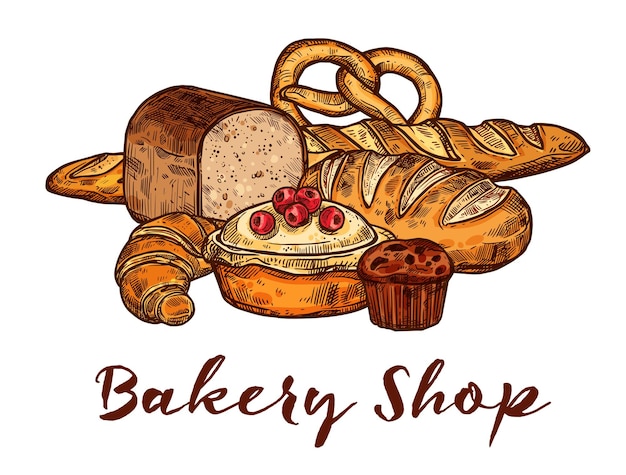 Vector bakery shop sketch of wheat bread and pastry food