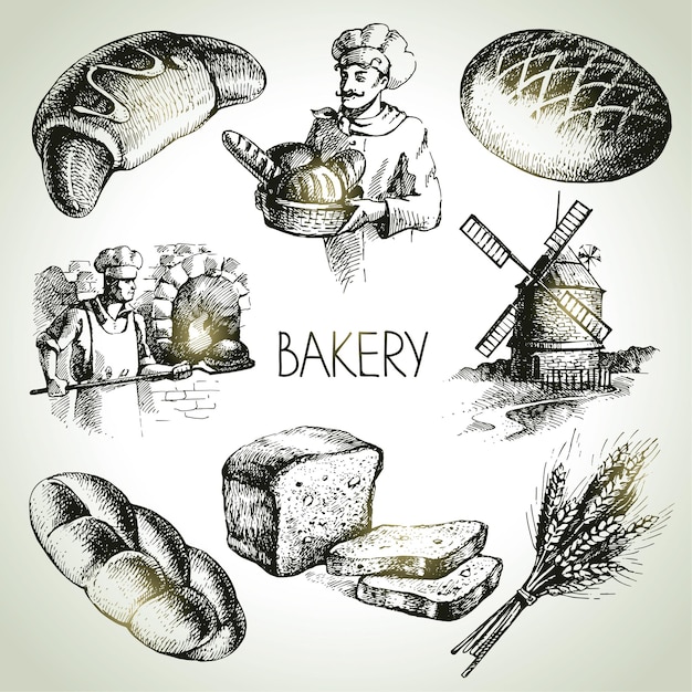 Набор иконок эскиз пекарни. винтаж рисованной иллюстрации