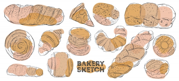 Vector bakery sketch set. hand drawing cuisine. all elements are isolated in white .