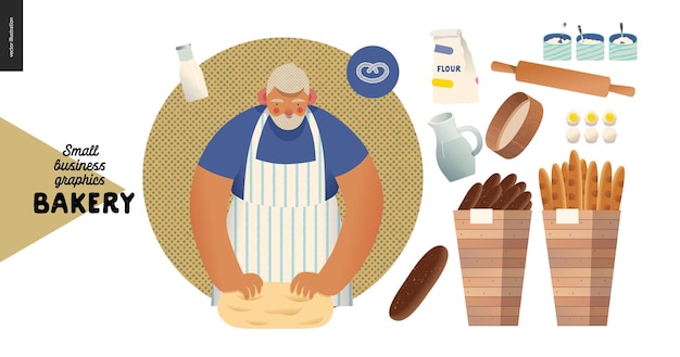 Vector bakery small business illustrations baker and bread modern flat vector concept illustration of a baker kneading the dough weat rye bread loaf grain pretzel bun roll french baguette