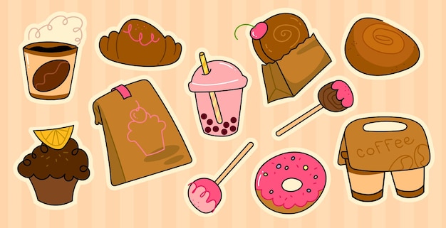 Vector bakery stickers baking coffee buns donuts