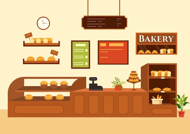 Bakery store vector illustration with various types of bread products for sale and shop interior