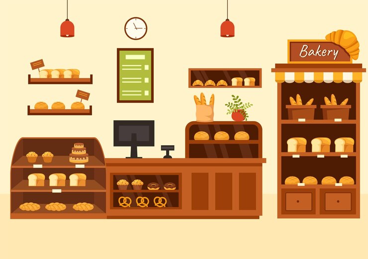 Vector 다양한 종류의 빵 제품 판매 및 매장 인테리어가 포함된 베이커리 매장 벡터 그림
