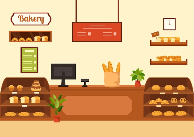 ベクトル 販売および店内のさまざまな種類のパン製品を含むベーカリー ストアのベクトル図