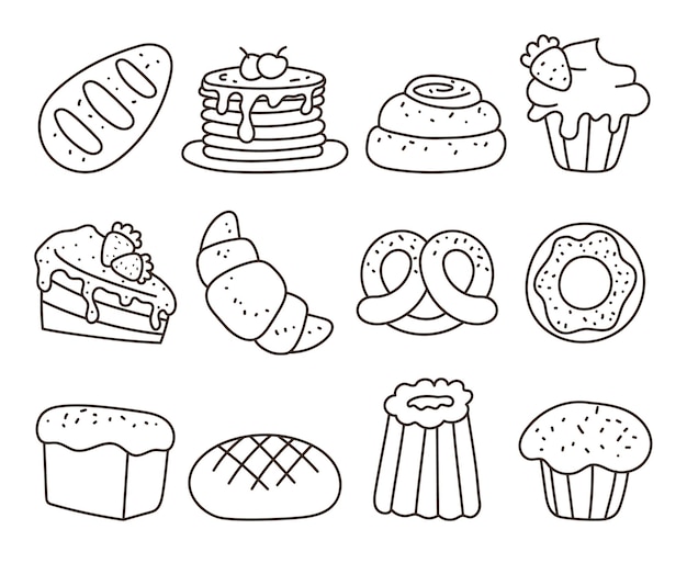 Пекарня сладкая еда кондитерская линия искусство изолированный набор коллекция плоский элемент дизайна мультфильма иллю