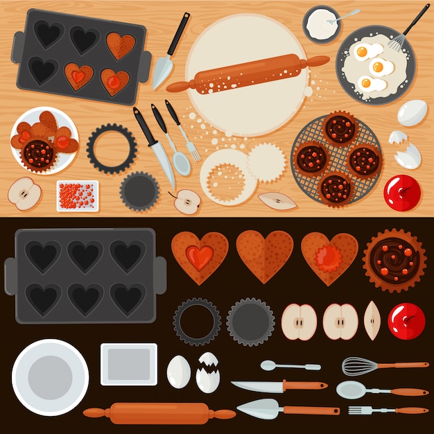 Bakery sweets set with ingredients and kitchen tools