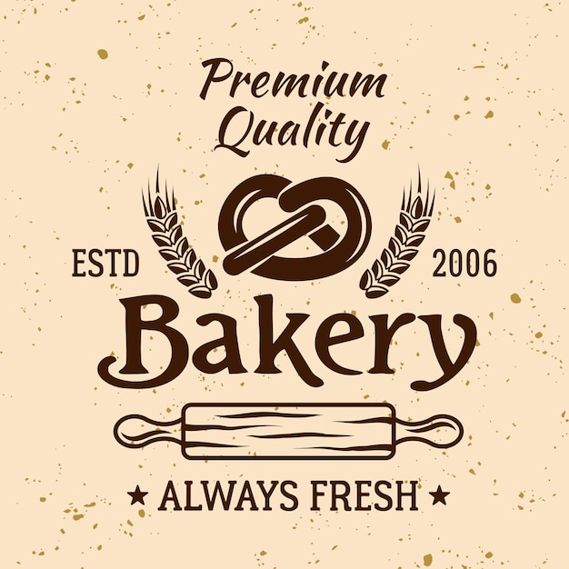 Bakery vintage vector emblem, label, badge or logo with pretzel and rolling pin on light colored background