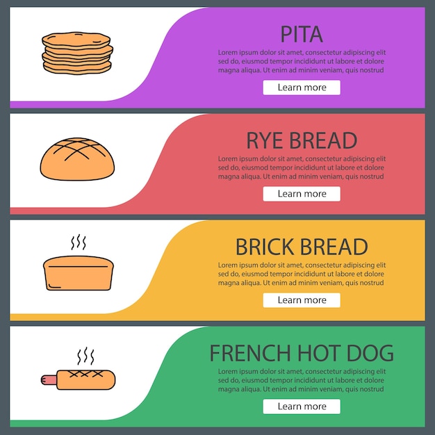 Bakery web banner templates set. pita, rye bread, brick loaf, french hot dog. website color menu items. vector headers design concepts