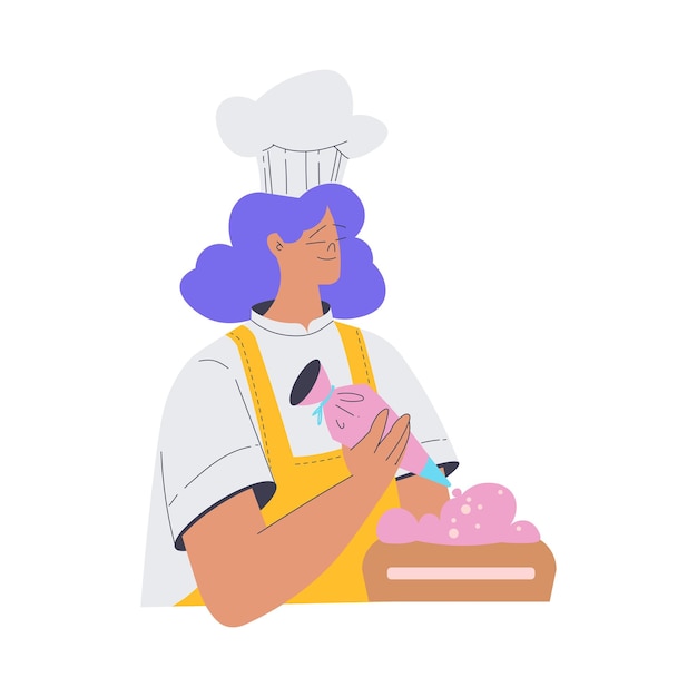 Bakery with woman baker character in uniform decorate cake with cream and pastry bag vector illustration