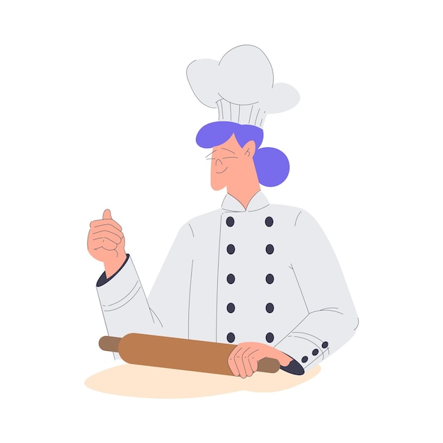 Vector bakery with woman baker character in uniform rolling dough vector illustration