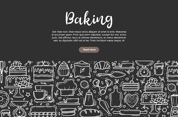 ベーキングバナーかわいい手描きのキッチンツールとデザート付きの焼き菓子