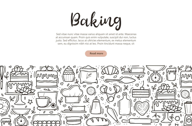 Banner di cottura simpatici utensili da cucina disegnati a mano e prodotti da forno con dessert