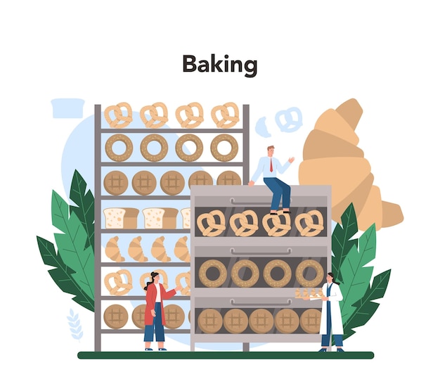 Baking industry concept baking pastry process bakery worker making dough and pastries goods isolated vector illustration