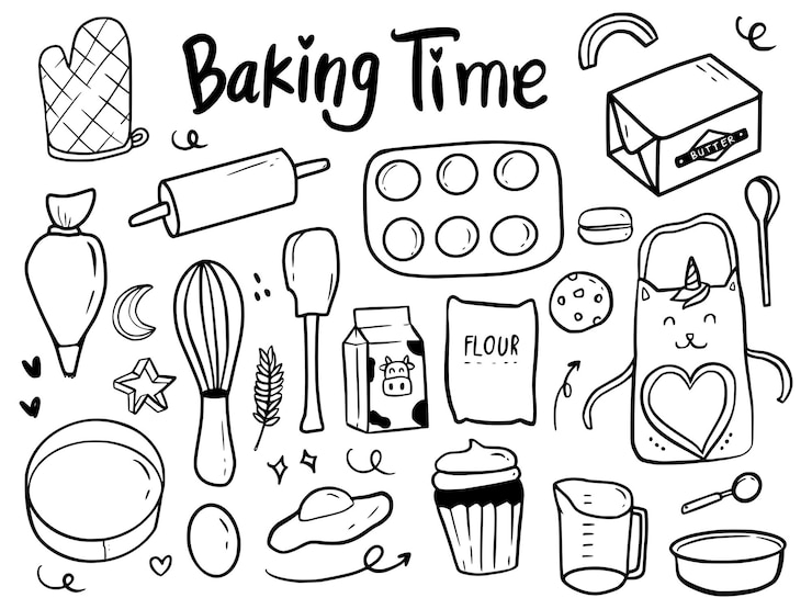 Vector baking time tools and cake doodle illustration drawing cartoon
