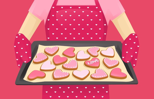 Baking tray with heart shape cookies decorated valentines day background