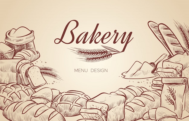 Vector bakkerij achtergrond. hand getrokken koken brood bakkerij bagel brood gebak gebak bakken culinaire menu ontwerp