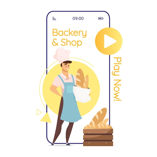 Bakkerij en winkel cartoon smartphone app-scherm. bakker met brood. bakkerij. displays voor mobiele telefoons met plat karakterontwerp. toepassing telefoon leuke interface