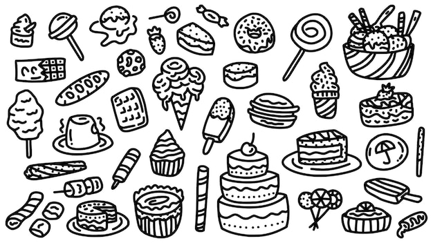 bakkerij en zoet voedsel pictogrammenset met doodle hand getrokken schets kunststijl vector collectie