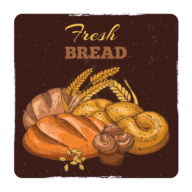 Vector bakkerij grunge embleem ontwerp. hand geschetst vers brood