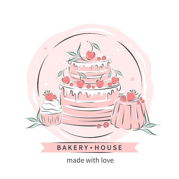 Bakkerij huis. Logo voor zoetwaren of bakkerij. Taart, cupcake en bessen.