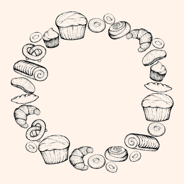 Bakkerij krans schets vectorillustratie Hand getrokken bakkerij product cirkel op beige achtergrond