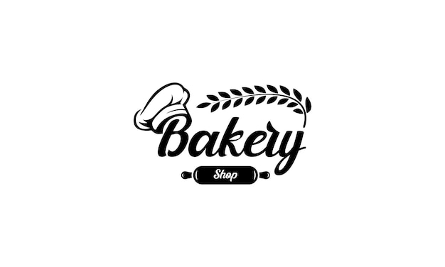 Bakkerij logo ontwerp vector met chef hoed, deegroller en tarwe