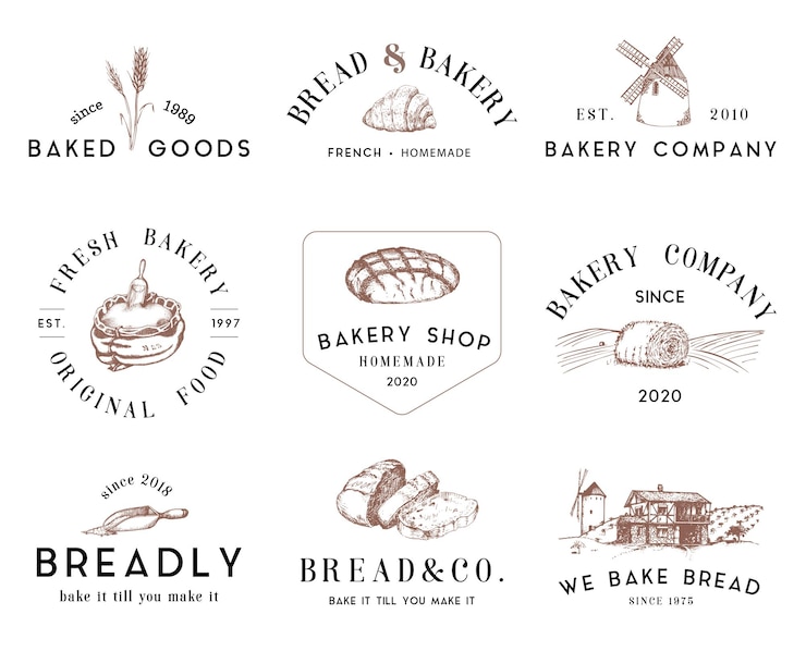 Bakkerij logo's set met vintage vectorillustraties