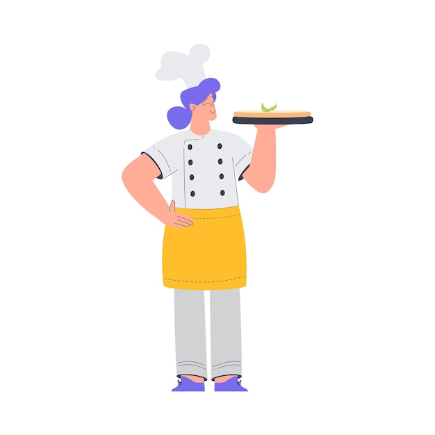 Bakkerij met vrouwelijke bakker Karakter in uniform Hou dienblad met pizza vector illustratie