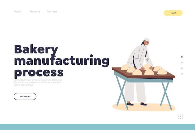 Bakkerij productieproces concept van bestemmingspagina met vrouw bakker kneden en rollend deeg voor het bakken van brood vrouwelijk werk in bakkerij gebak productie-industrie cartoon platte vectorillustratie